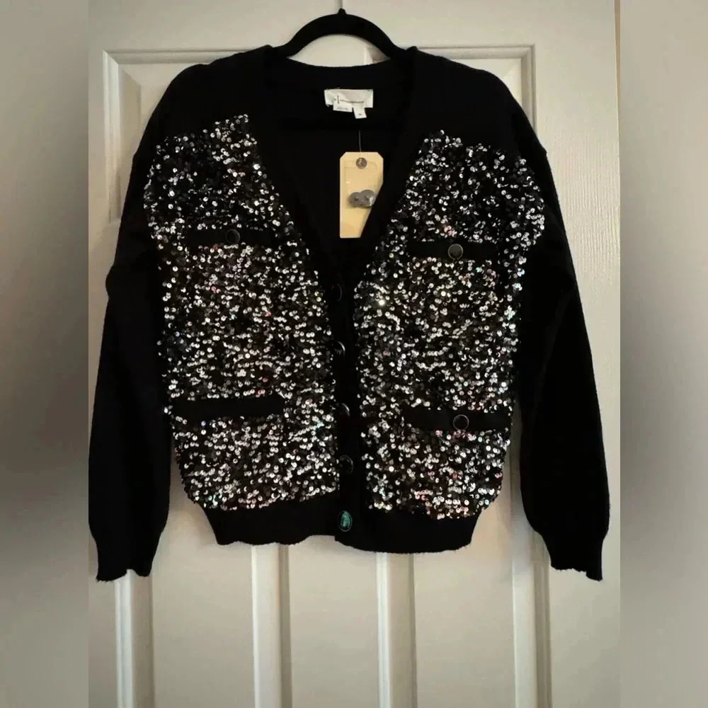 Anthropologie Sequin Button Pocket Cardigan
